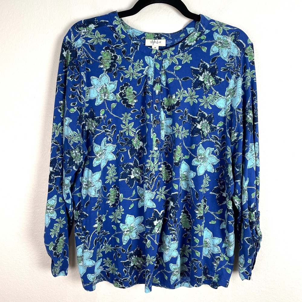 Style&co Womens Plus 3X Floral Blouse Roll Tab Sleeve Shirt Top